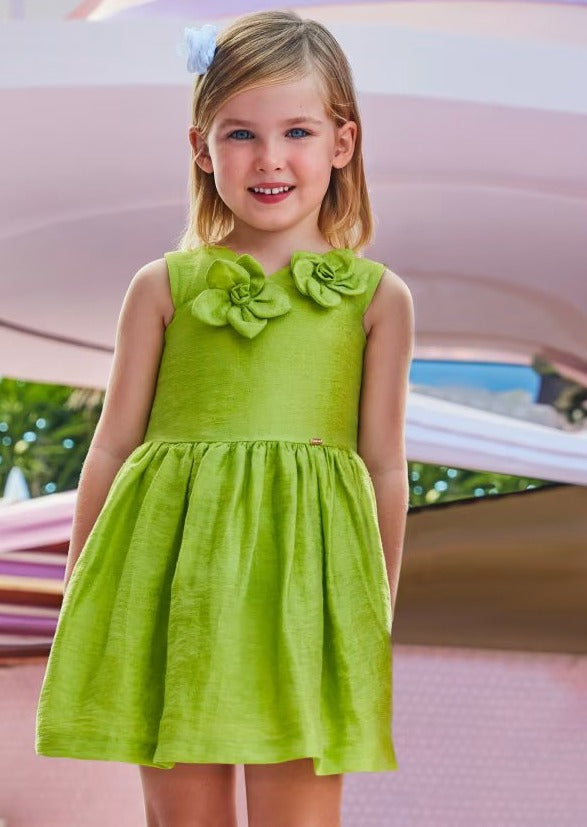 Mayoral Girls' Green Linen Embossed Flower Dress