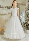 Teter Warm White Lace Bodice Cap Sleeve Scallop Lace Long Gown- 907B