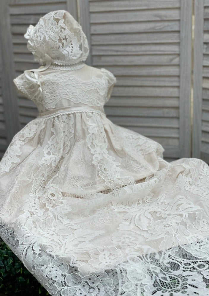 Crochet Lace Christening Gown with Blush Lining – Sara's