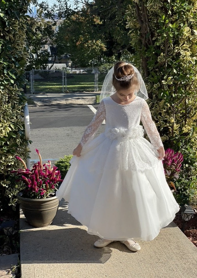Long Sleeve and Silk Organza Made in Italy Communion Dress 6 / Off White Long Sleeve and Silk Organza Made in Italy Communion Dress 6 / Off White