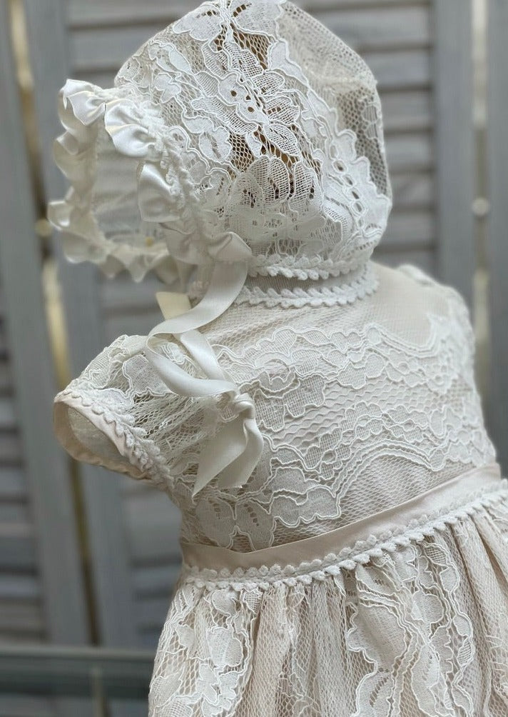 Crochet Lace Christening Gown with Blush Lining – Sara's