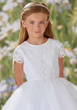 Beaded Lace Short Sleeve Communion Dress