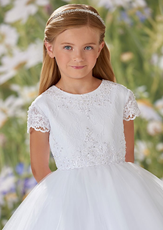 Joan Calabrese Beaded Lace Short Sleeve Communion Dress 120356 Joan Calabrese Beaded Lace Short Sleeve Communion Dress 120356