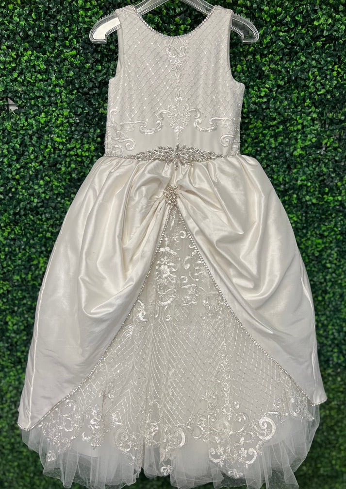 Piccolo Bacio Custom Made Couture Metallic Lace Applique Communion Dress Emily