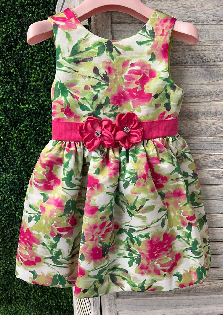 Italian Design Floral Printed Dress With Grosgrain Ribbon 18 Months / Pink / Dress