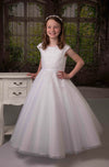 Sweetie Pie White Tea Length Lace Communion With Extended Shoulder- 4055