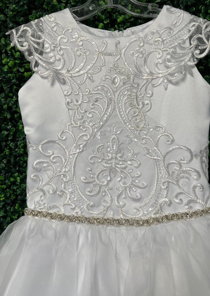 designer communion dresses Bella Bow Lace and Organza Communion Dress with Rhinestones 32055 7 / White