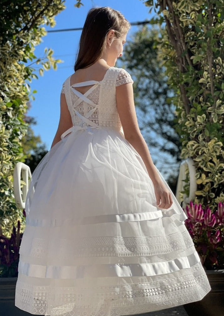 Guipure Lace Bodice Made In Italy Communion Dress 3022 12 / Bianco Guipure Lace Bodice Made In Italy Communion Dress 3022 12 / Bianco