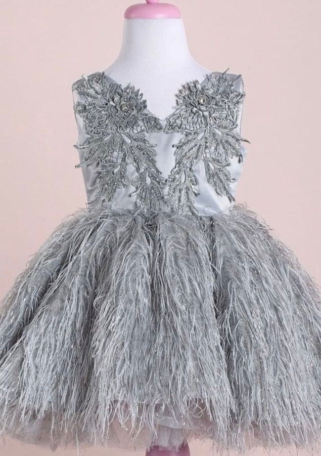 Tha Designs Girls Silver Feathered Party Dress 2 / 3 / Silver Tha Designs Girls Silver Feathered Party Dress 2 / 3 / Silver