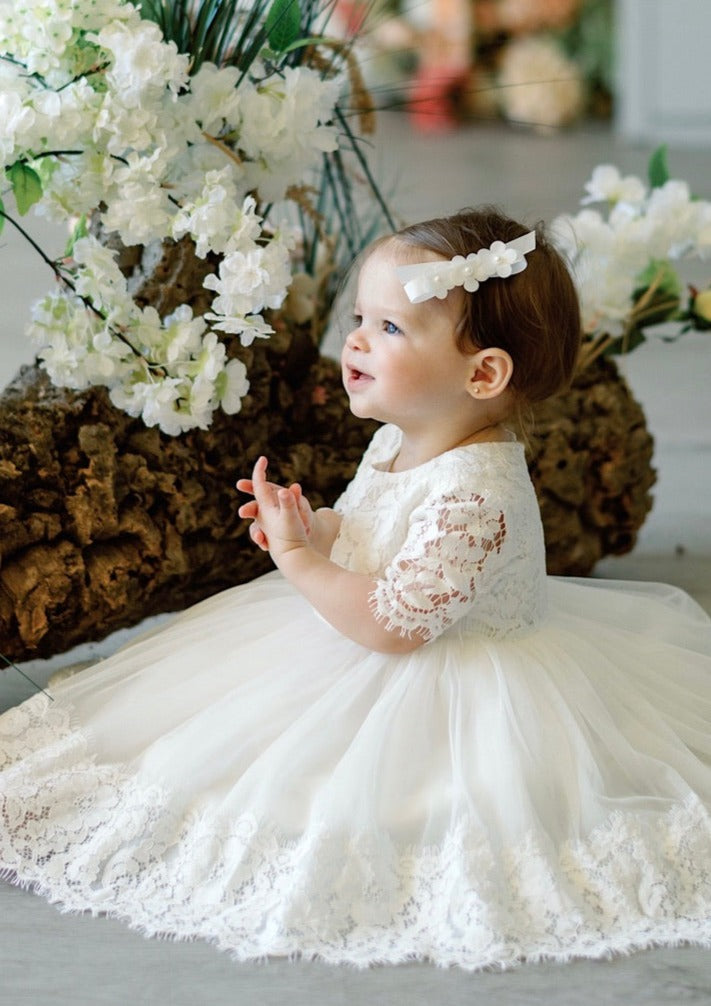 Teter Warm Baptism Dress with 3/4 Sleeve Lace Hem