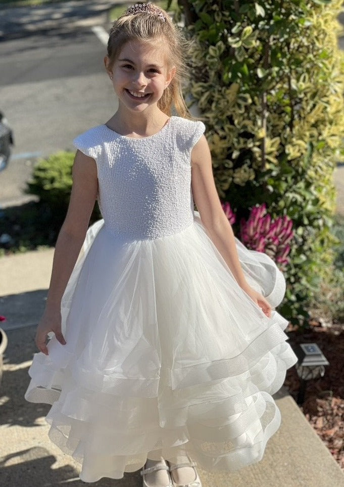 First Communion Dress with Embroidered Tulle - FirstCommunions.com