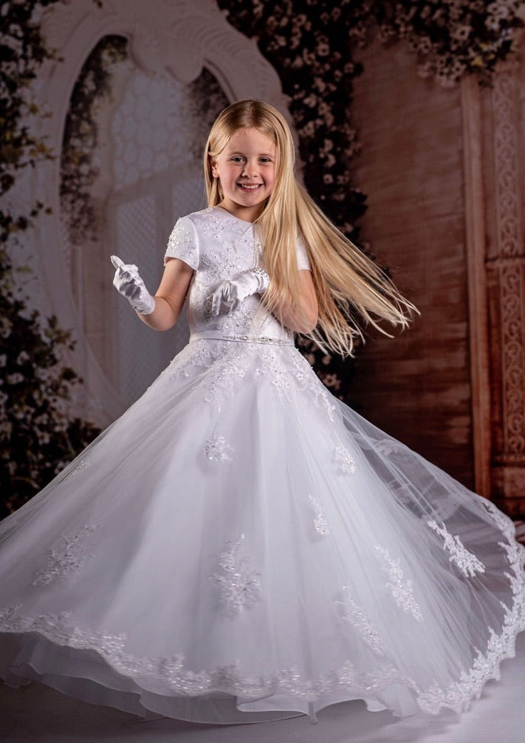 Sweetie Pic White Communion Long Lace Hem Gown - 4078