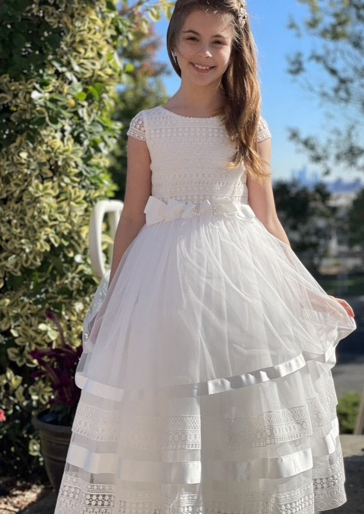 lace first communion dresses Guipure Bodice Made In Italy Dress 3022 12 / Bianco Lace on bodice accented Size:0-3M Maeve Capelet Dress – 1.22vday