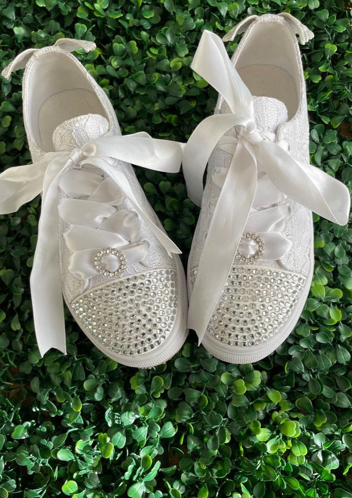 Sweetie Pie- Rhinestone Lace Sneaker with Ribbon Laces - Elsa 13Y / White
