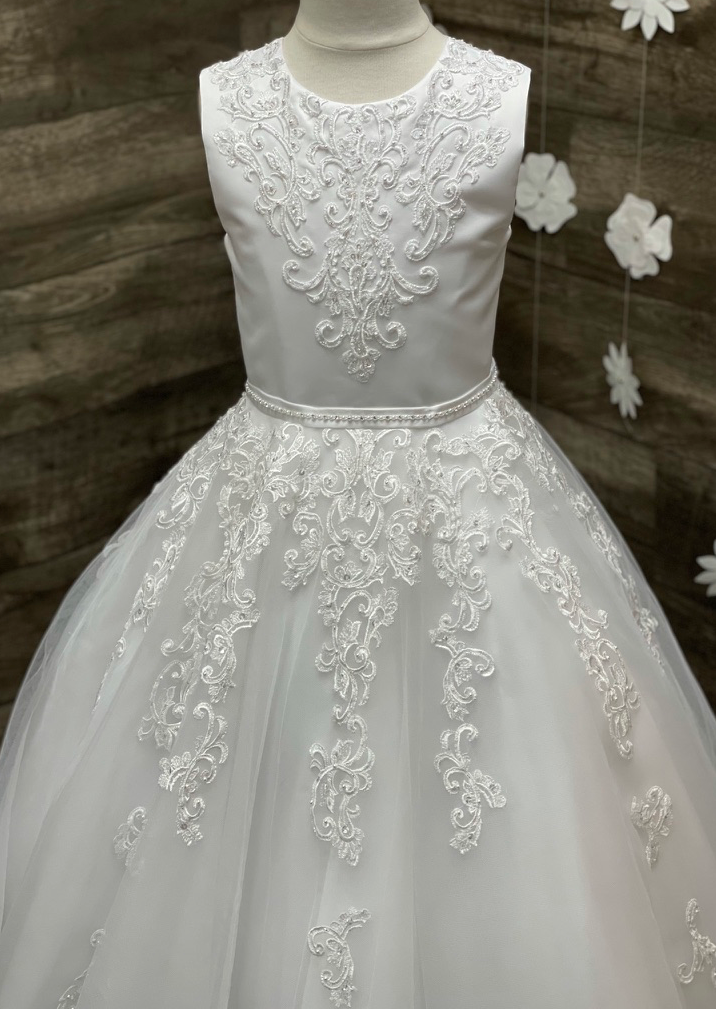 Sweetie Pie Scroll Lace Tulle Gown with Circular Skirt and Stunning Back- 4053