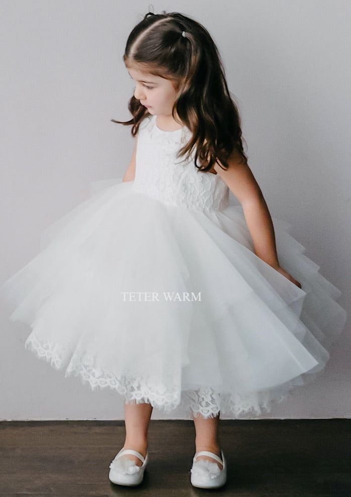 Teter Warm White Flower Girl Lace Bodice Dress With Lace Tiered Hem- F – Sara's Children's Boutique