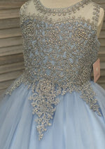 Tip Top Blue Party Dress with Metallic Lace and Tie Back