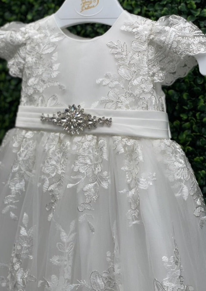 princess daliana christening dress Princess Daliana Metallic Lace High Low Dress with Train