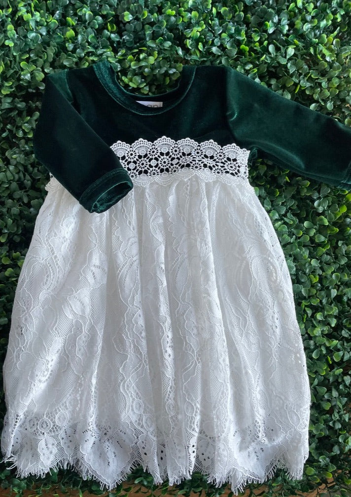 Joan Calabrese Green Velvet and Lace Long Sleeve Dress 62311 3 Months / Green / White Joan Calabrese Green Velvet and Lace Long Sleeve Dress 62311 3 Months / Green / White