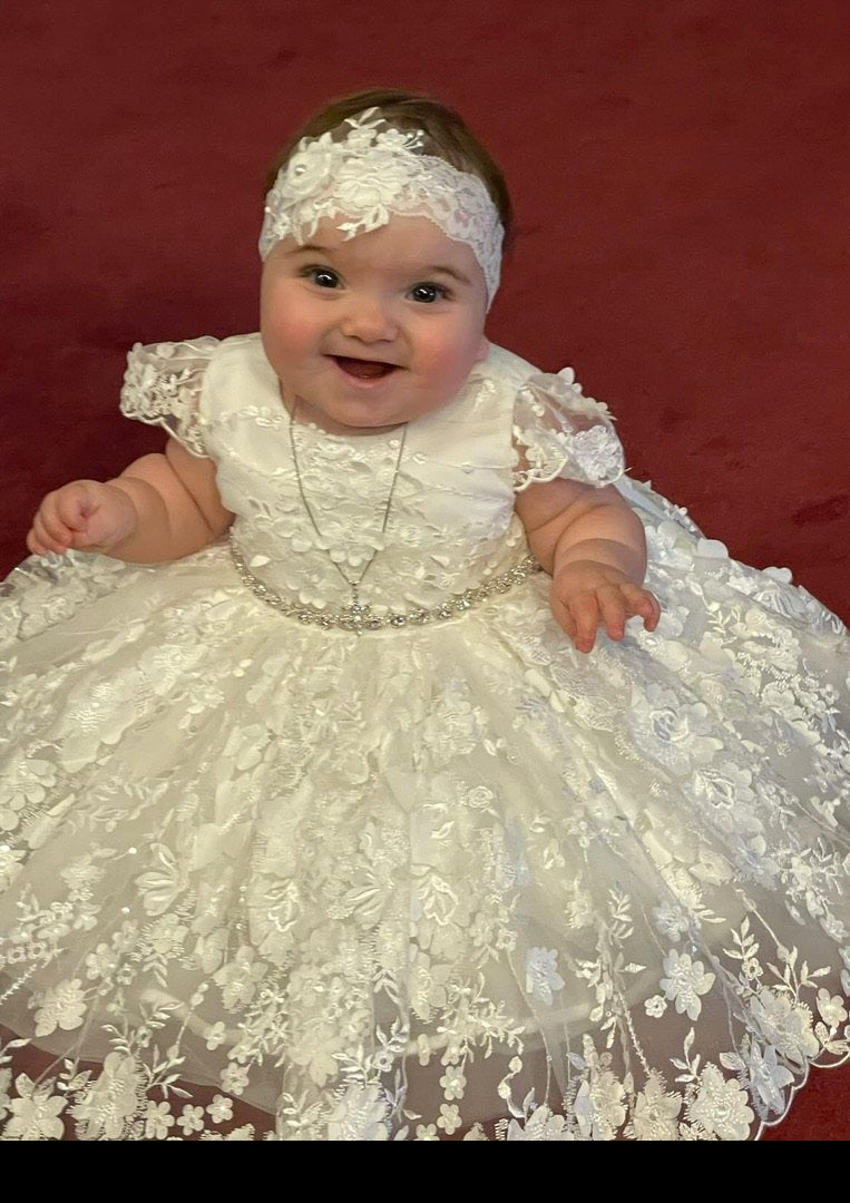 Teter Warm Floral Lace Flutter Sleeve Christening Dress - B120 18 Months / Off White Teter Warm Floral Lace Flutter Sleeve Christening Dress - B120 18 Months / Off White