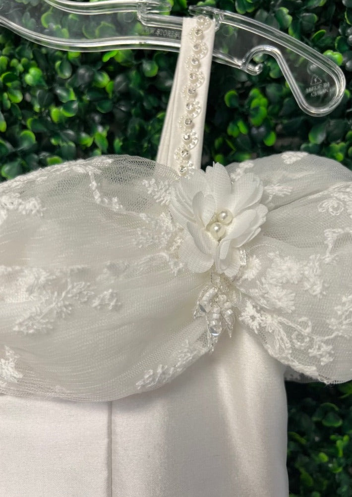 Christie Helene Matera Custom Made Couture Silk and Tulle Gown With Lace Shoulder