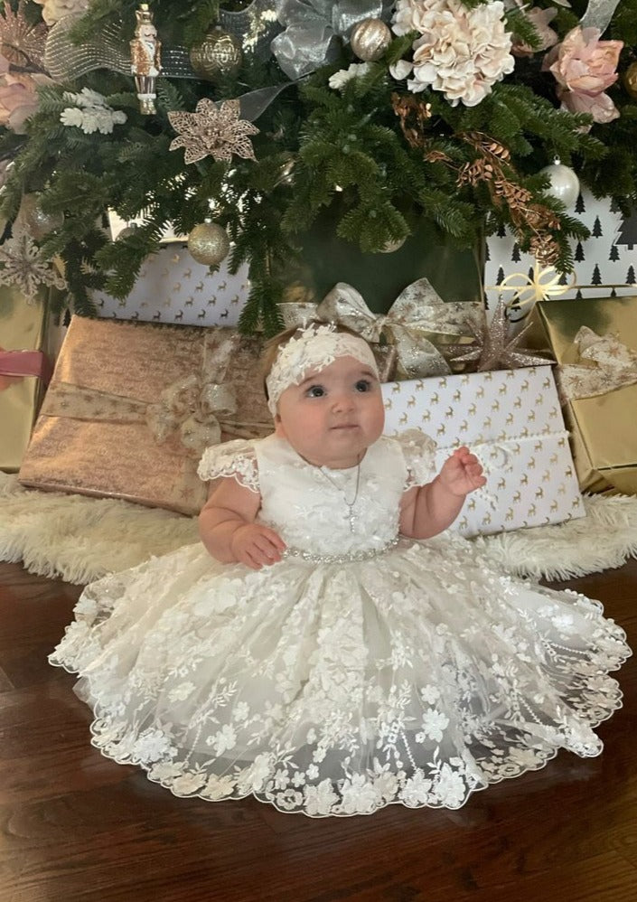 Teter Warm Floral Lace Flutter Sleeve Christening Dress - B120 18 Months / Off White Teter Warm Floral Lace Flutter Sleeve Christening Dress - B120 18 Months / Off White