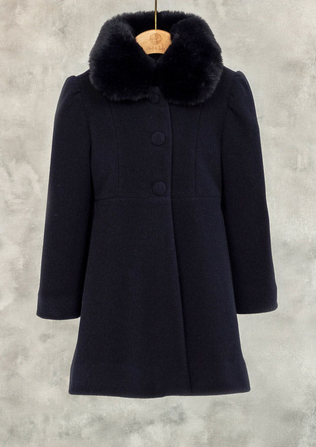 Abel & Lula Girls’ Wool Navy Coat With Faux Fur 5827