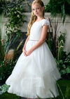Teter Warm White Lace Bodice Cap Sleeve Tiered Long Gown ES06