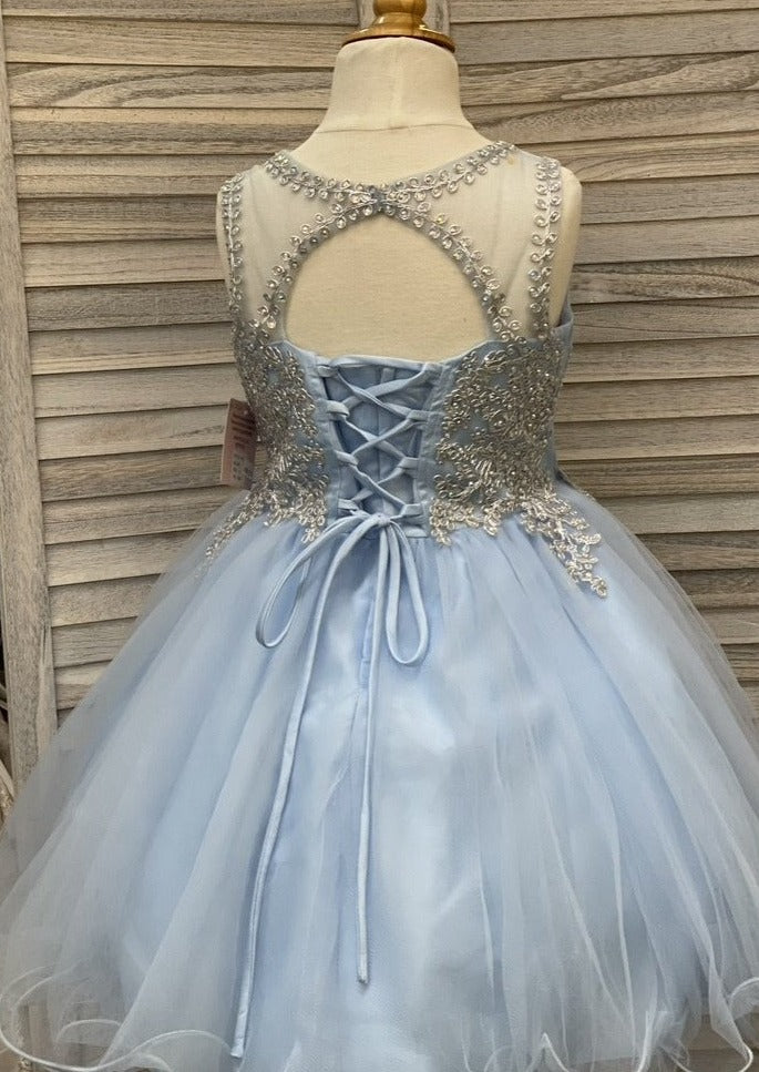 Tip Top Blue Party Dress with Metallic Lace and Tie Back