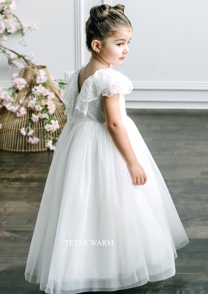 Teter Warm White Flower Girl Lace Bodice Dress Cascade Cape Back- FS12 – Sara's Children's Boutique Teter Warm White Flower Girl Lace Bodice Dress Cascade Cape Back- FS12 – Sara's Children's Boutique