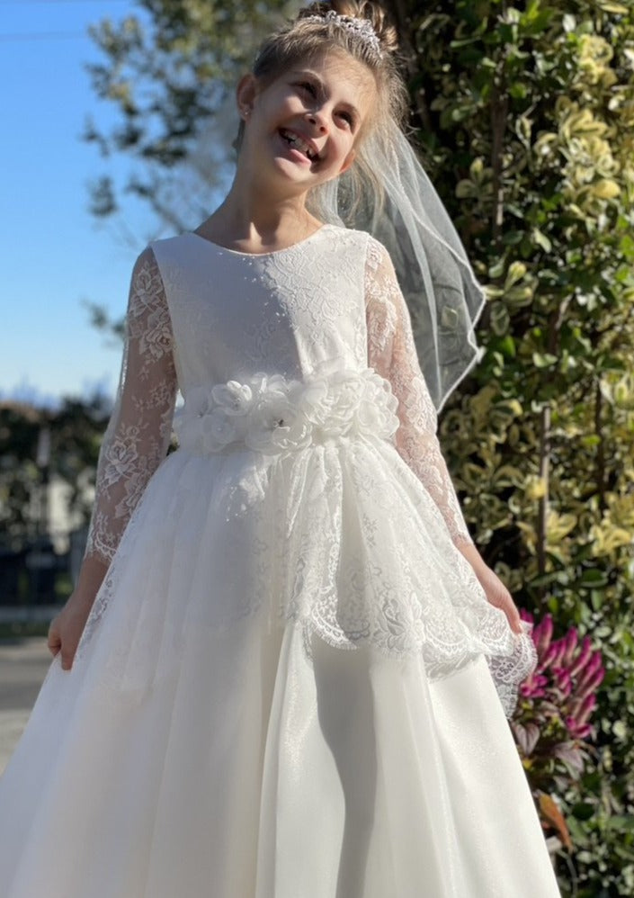Long Sleeve and Silk Organza Made in Italy Communion Dress 6 / Off White Long Sleeve and Silk Organza Made in Italy Communion Dress 6 / Off White