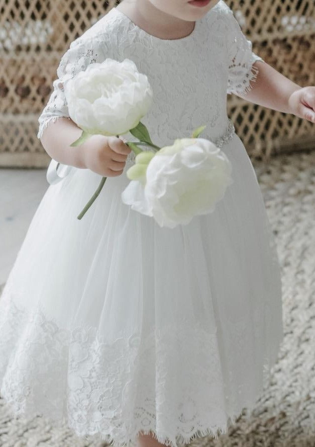 babygirl baptism dress Teter Warm Baptism Dress with 3/4 Sleeve Lace Hem
