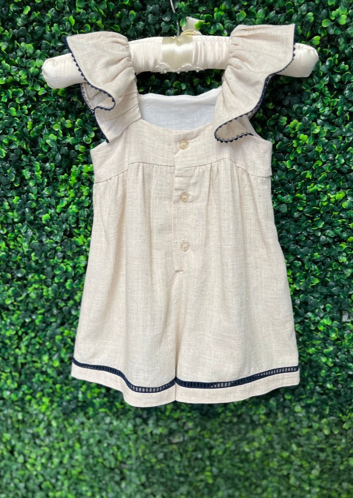 Mayoral Linen Ruffle Romper With Navy Edge-1893