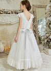 Teter Warm White Lace Bodice Cap Sleeve Scallop Lace Long Gown- 907B