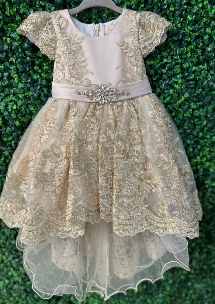 Princess Daliana Rose Gold Metallic Lace High Low Dress with Train - 1 Sara's Children's Boutique Princess Daliana Rose Gold Metallic Lace High Low Dress with Train - 1 Sara's Children's Boutique