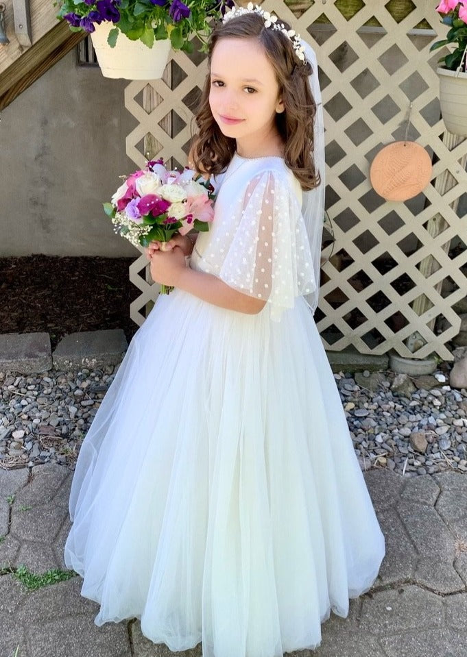Michelina Bimbi Made In Italy Satin and Tulle Communion Gown with Cascade Sleeve - Sample Sale 8 / Off White Michelina Bimbi Made In Italy Satin and Tulle Communion Gown with Cascade Sleeve - Sample Sale 8 / Off White