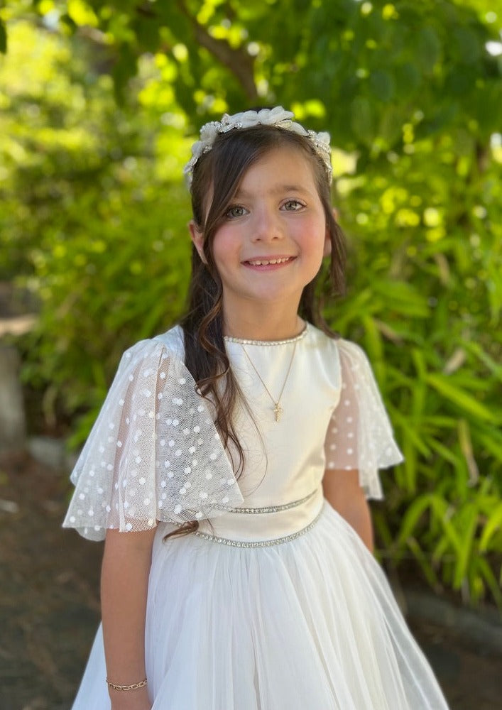 Michelina Bimbi Made In Italy Satin and Tulle Communion Gown with Cascade Sleeve - Sample Sale 8 / Off White Michelina Bimbi Made In Italy Satin and Tulle Communion Gown with Cascade Sleeve - Sample Sale 8 / Off White