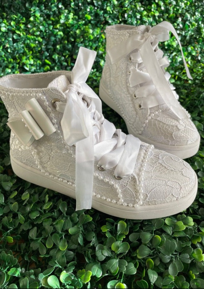 Sweetie Pie Raya Pearl Lace Hightop Sneaker With Ribbon Laces