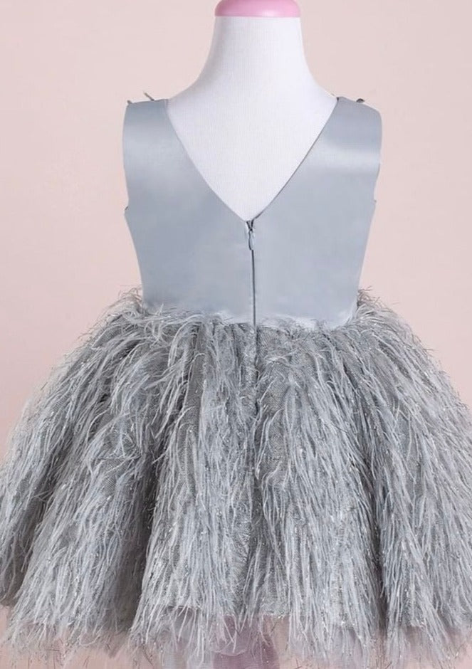 Tha Designs Girls’ Silver Feathered Party Dress