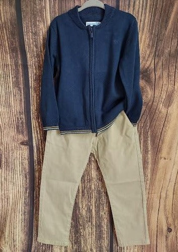 Boys’ Casual Zip Up Sweater and Pant Set - Navy/Khaki