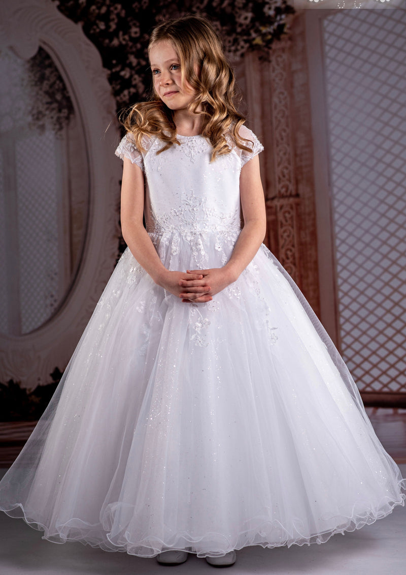 Sweetie Pie Communion Lace Aline Dress with Short Ilusion Sleeve - 4087