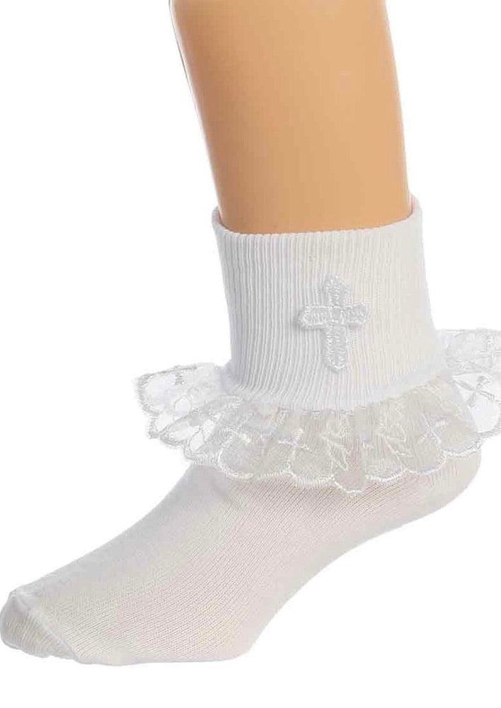 Tip Top Kids Girls’ Lace Ruffle Nylon Socks with Cross