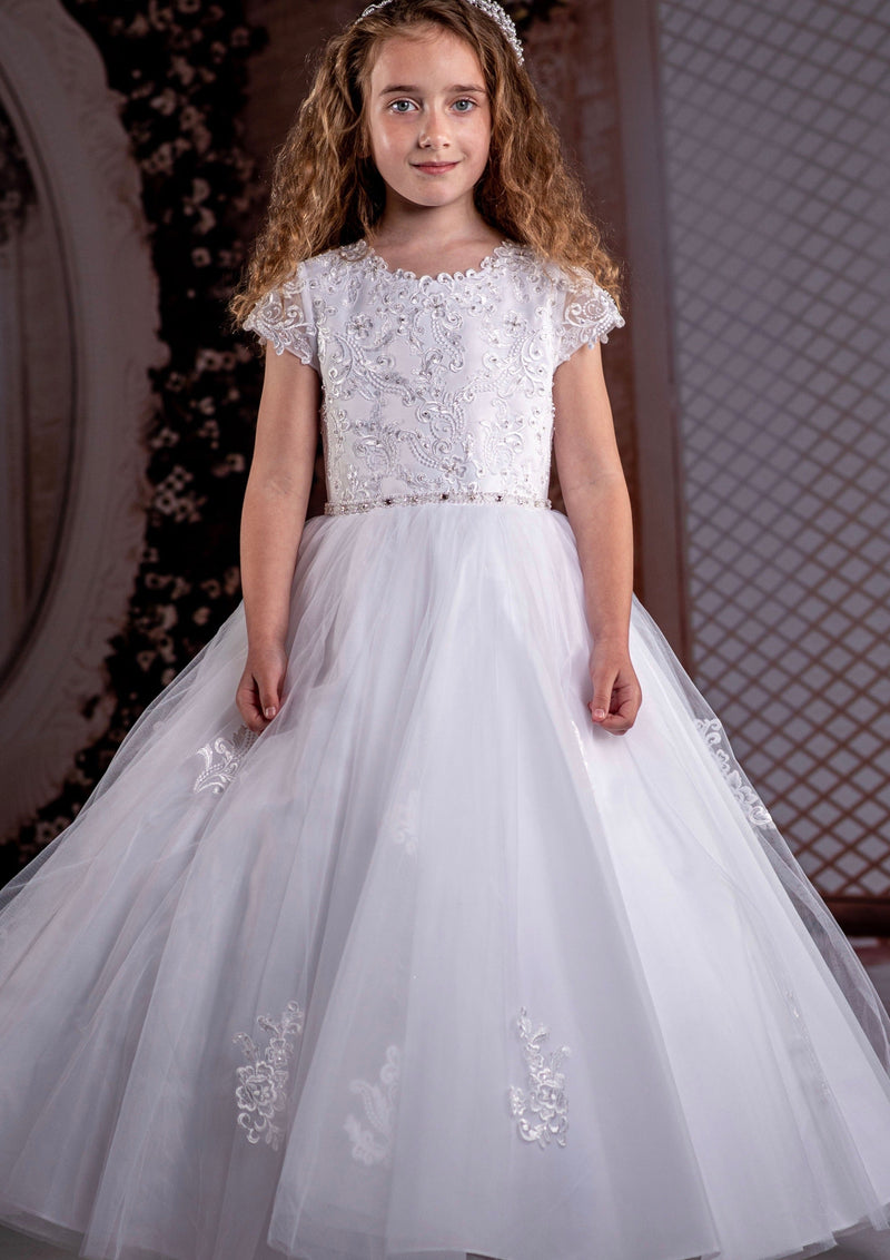Sweetie Pie Communion Lace Aline Dress with Short Ilusion Sleeve - 4088