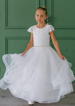 Teter Warm Tea Length Short Sleeve Lace Bodice Tiered Skirt Gown - 212