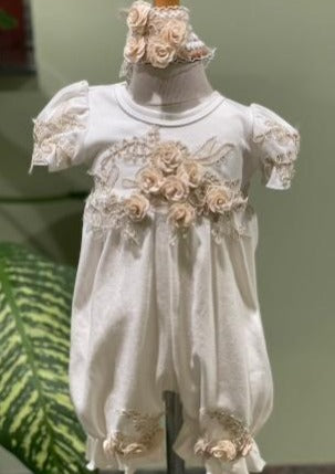 Macis Design Contrast Flower Christening Changing Outfit with Headband - 3522