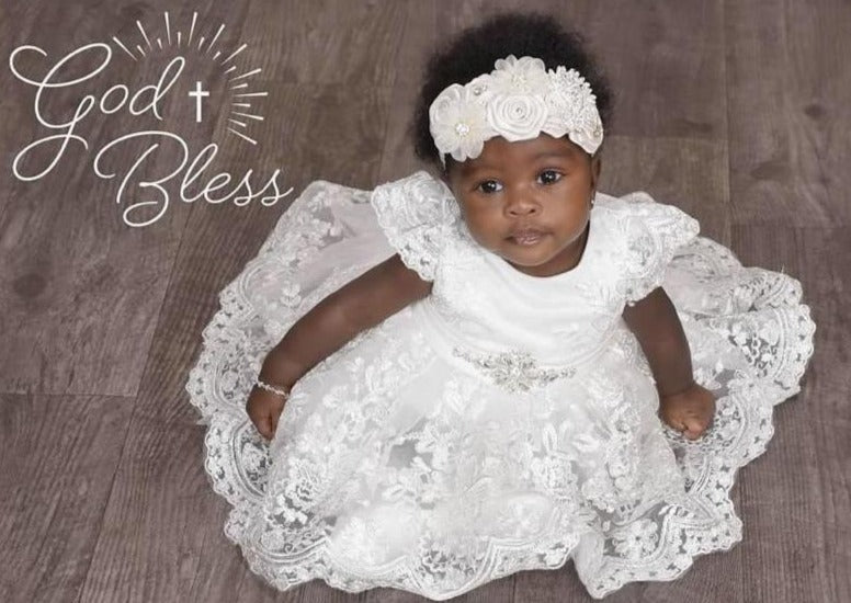 Princess Daliana Metallic Lace High Low Dress with Train - 1059 9 Months / White Princess Daliana Metallic Lace High Low Dress with Train - 1059 9 Months / White