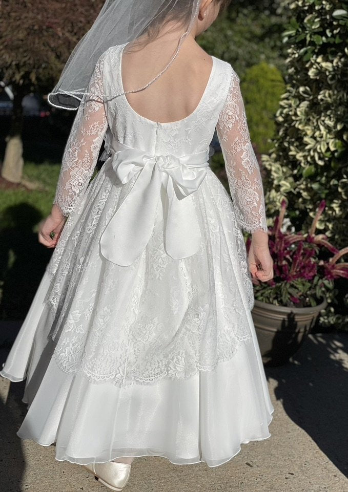 Long Sleeve and Silk Organza Made In Italy Communion Dress 6 / Off White Long Sleeve and Silk Organza Made In Italy Communion Dress 6 / Off White