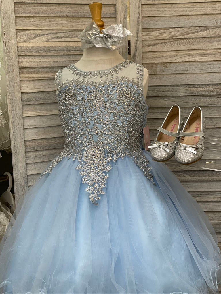 Tip Top Blue Party Dress with Metallic Lace and Tie Back 6 Months / Blue Tip Top Blue Party Dress with Metallic Lace and Tie Back 6 Months / Blue