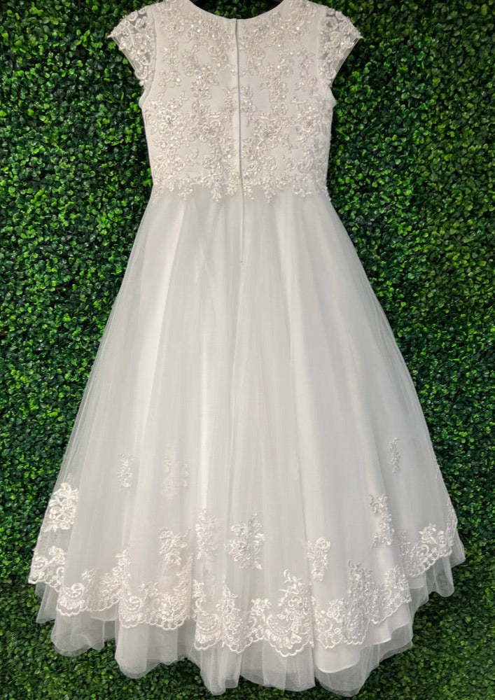 Sweetie Pie Short Sleeve Gown with Scalloped Lace and Tulle Long Dress 4022