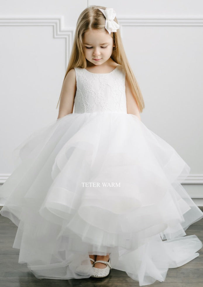 Teter Warm White Flower Girl Lace Bodice Dress With Lace Hem- FS01